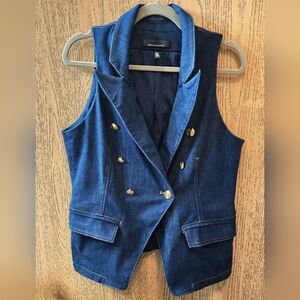 White House Black Market Denim Vest Navy Gold Blue Satin Fabric Suit Pockets